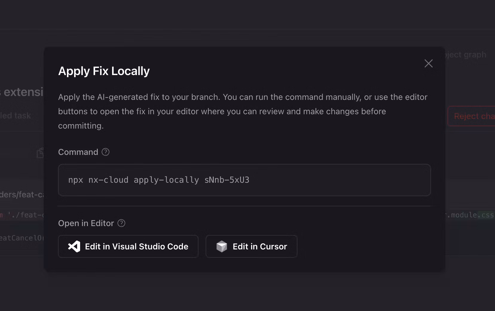 Screenshot of the dialog in the Nx Cloud app showing the nx-cloud apply-locally command